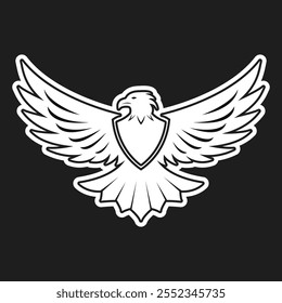 The logo is in the form of an eagle silhouette. A template for the design of an icon, sticker, merch and corporate identity. Vector illustration. Isolated on a black background. 