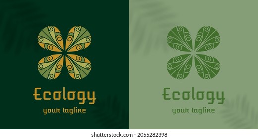 Logo in the form of a flower, petal, clover, natural motives, mandala. Eco emblem, organic, natural green for label, label, packaging, badge or badge of natural food, beverage, cosmetics.