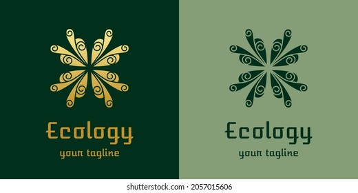 Logo in the form of a flower, petal, clover, natural motives, mandala. Eco emblem, organic, natural green for label, packaging, badge, drinks, cosmetics. Flower shop design, beauty studio.