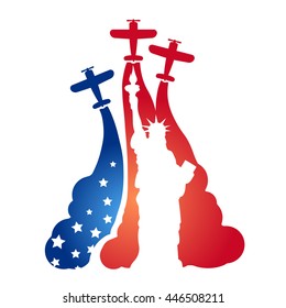 Logo in the form of flying sport aircraft at an air show with the silhouette of the Statue of Liberty and the symbolism of the American flag. Independence Day.