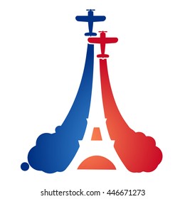 Logo in the form of flying sport aircraft at an air show with the silhouette of the Eiffel tower and the symbolism of the French flag. Bastile Day