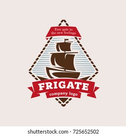 Logo in the form of a frigate, in retro style in a frame and with ribbons