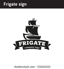 Logo in the form of a frigate, in retro style in a frame and with ribbons