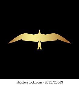 Logo in the form of a golden outline of a seagull with outstretched wings top view. A thick, geometric contour with broken lines. On a black background. For printing on clothing, company logo