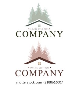 logotipo en forma de casa en el bosque. estilo moderno y minimalista, elementos geométricos, tonos pastel y dorados tranquilos
