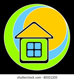 Logo in the form of the house with a yellow roof. The house against the sun, sky and a green grass.