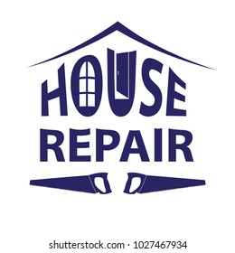 The logo in the form of an inscription, lettering in the form of a house with a roof, is depicted a hand saw on wood, doors, a window