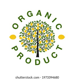 Logo in the form of a round stamp for organic lemon production with a lemon tree in the center. 