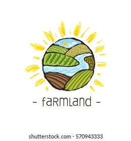 Logo in the form of a sunflower with the image of rural farmland.