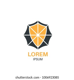 Logo in the form of an umbrella and the imposed board. Concept of protection. An emblem for the company. A vector illustration in flat style.