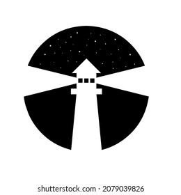 un logotipo formado por un icono del faro sobre un fondo negro y lleno de estrellas.