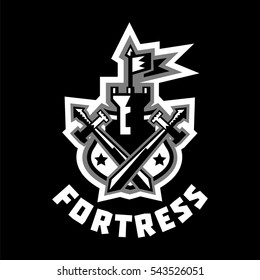 Logo fortress. Castle and flag, swords cross located on the shield. Sprockets, wreath. Black and white color sticker. The emblem on the Middle Ages and the war. Vector illustration. Flat style.
