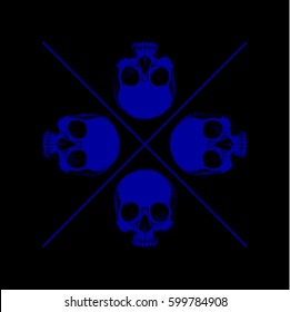 Logo of four human skulls without the lower jaw of a blue color against a black background