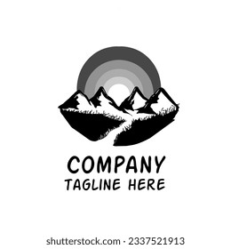 Logo four mountains and sunshine. Hand drawn over white background