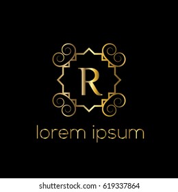Logo frame golden vector for boutique, restaurant, hotel. Letter R monogram