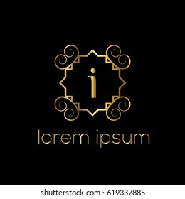 Logo frame golden vector for boutique, restaurant, hotel. Letter i monogram