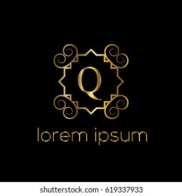 Logo frame golden vector for boutique, restaurant, hotel. Letter Q monogram