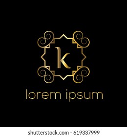 Logo frame golden vector for boutique, restaurant, hotel. Letter k monogram