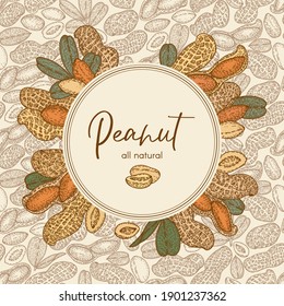 Logo Rahmen mit Erdnuss, Nüssen und Blättern. Grafischer, handgezeichneter Gravierstil. Botanische Illustration für Verpackung, Menükarten, Poster, Drucke.