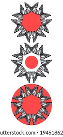 Marcos de logotipo con mariposas blancas y negras en un círculo de fondo rojo.