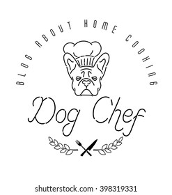 Logo with french bulldog in chef's hat and twigs, knifes around. Nanoline style