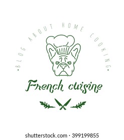 Logo with french bulldog in chef's hat and twigs, chef's knifes around. Nanoline style