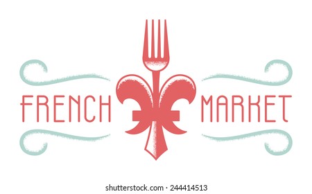 A logo for a french style market. The logo is comprised of custom typography and clever flor de lis that is combined with a fork. 