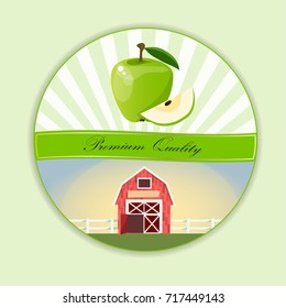 logo of fresh green apple juice. Vector round label, apple jam, sauce or juice label. yummy apply on label with farm or ambar on green meadow