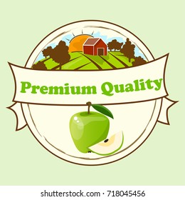 logo of fresh green apple juice. Vector round label, apple jam, sauce or juice label. yummy apply on label with farm or ambar on green meadow