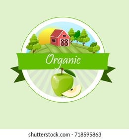 logo of fresh green apple juice. Vector round label, apple jam, sauce or juice label. yummy apply on label with farm or ambar on green meadow