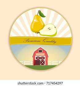 logo of fresh green pear juice. Vector round label, pear jam, sauce or juice label. Pear farm on green meadow