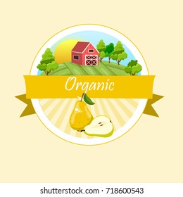 logo of fresh green pear juice. Vector round label, pear jam, sauce or juice label. Pear farm on green meadow