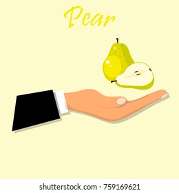 logo of fresh green pear juice. Vector round label, pear jam, sauce or juice label. Fresh pear on hand