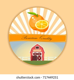 logo of fresh orange apple juice. Vector round label, orange jam, sauce or juice label with farm if ambar on meadow. Ecological food concept