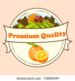 logo of fresh orange apple juice. Vector round label, orange jam, sauce or juice label with farm if ambar on meadow. Ecological food concept