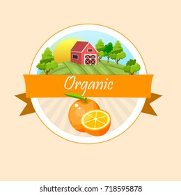 logo of fresh orange apple juice. Vector round label, orange jam, sauce or juice label with farm if ambar on meadow. Ecological food concept