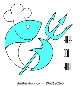 Logo fresh seafood, fish with the trident of Neptune