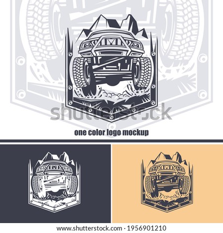 Logo of front view off-road car against a background of mountains in a shield. Monochrome layout.