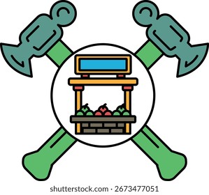 Un logotipo para un puesto de fruta con un martillo y un yunque en el fondo. El martillo y el yunque se cruzan entre sí, y el soporte de fruta está en el medio