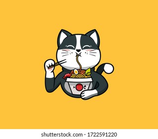 The logo funny cat eats noodles. Food logotype, cute animal kitty, cartoon character, badge, sticker, emblem on yellow background. Vector illustration, flat, line art style, creative design