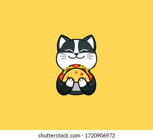 The logo funny cat eats taco. Cute animal, cartoon character, food logotype, badge, sticker, emblem on beige background. Vector illustration, flat, line art style, creative design