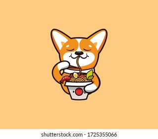The logo funny corgi eats noodles. Food logotype, cute animal dog, cartoon character, badge, sticker, emblem on yellow background. Vector illustration, flat, line art style, creative design