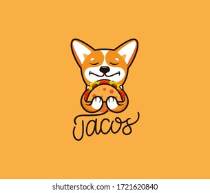 El logotipo corgi humorístico come taco. Perro lindo, personaje de caricatura, logotipo de comida, placa, pegatina, emblema sobre fondo verde. Ilustración vectorial, plano, estilo de arte lineal, diseño creativo