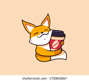 The logo funny fox with coffee. Food logotype, cute animal, cartoon character, badge, sticker, emblem on beige background. Vector illustration, flat, line art style, creative design