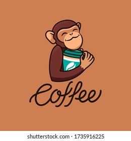 The logo funny monkey with coffee, text. Food logotype, cute animal, cartoon character, badge, sticker, emblem on chocolate background. Vector illustration, flat, line art style, creative design