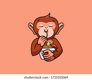 logo funny monkey eats noodles. Food logotype, cute animal macaque, cartoon character, badge, sticker, emblem on yellow background. Vector illustration, flat, line art style, creative design