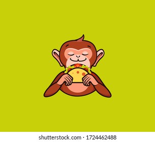 The logo funny monkey eats taco. Cute macaque, cartoon character, food logotype, badge, sticker, emblem on green background. Vector illustration, flat, line art style, creative design