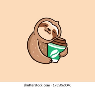 The logo funny sloth with coffee. Food logotype, cute animal sleep, cartoon character, badge, sticker, emblem on beige background. Vector illustration, flat, line art style, creative design