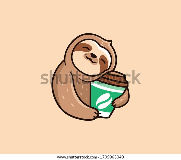 コーヒーを入れたおかしなスロスのロゴ 食べ物のロゴ かわいい動物の眠り 漫画のキャラクター バッジ シール ベージュ背景にエンブレム ベクター イラスト フラット ラインアートスタイル クリエイティブデザイン のベクター画像素材 ロイヤリティフリー