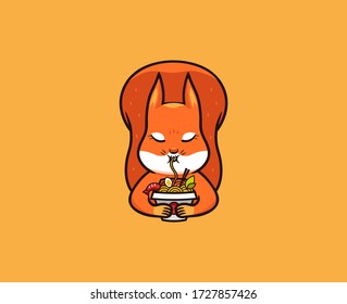 The logo funny squirrel eats noodles. Food logotype, cute animal, cartoon character, badge, sticker, emblem on orange background. Vector illustration, flat, line art style, creative design